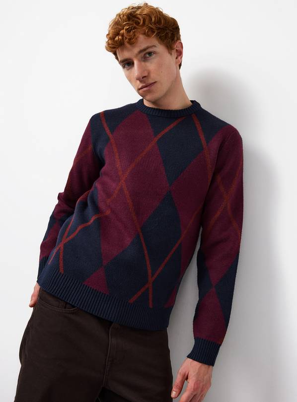 Dark Red Argyle Crew Neck Jumper  S